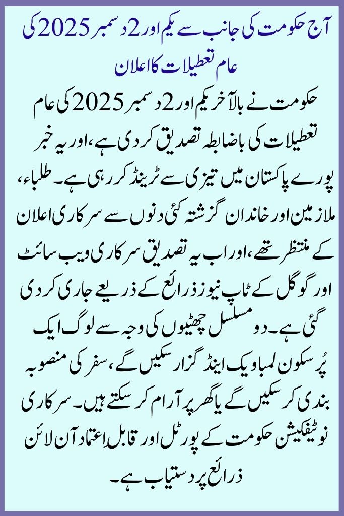 Today Govt Public Holidays Announced for December